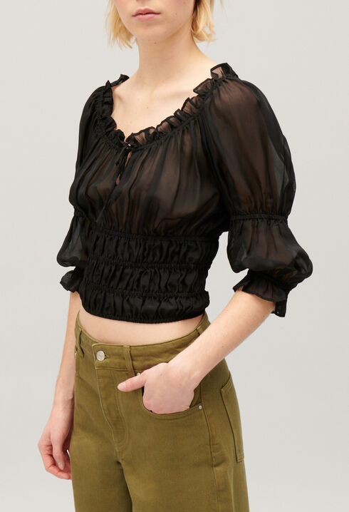 Kurze Volant-Bluse Schwarz