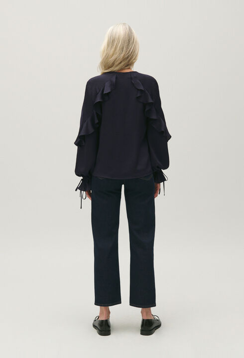 Marineblaue Bluse mit Rüschen