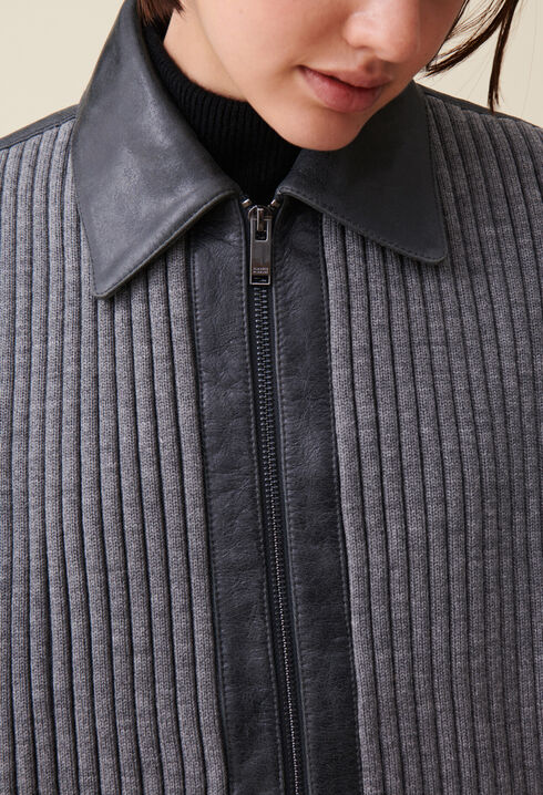 Zweifarbig graue Lederbomberjacke