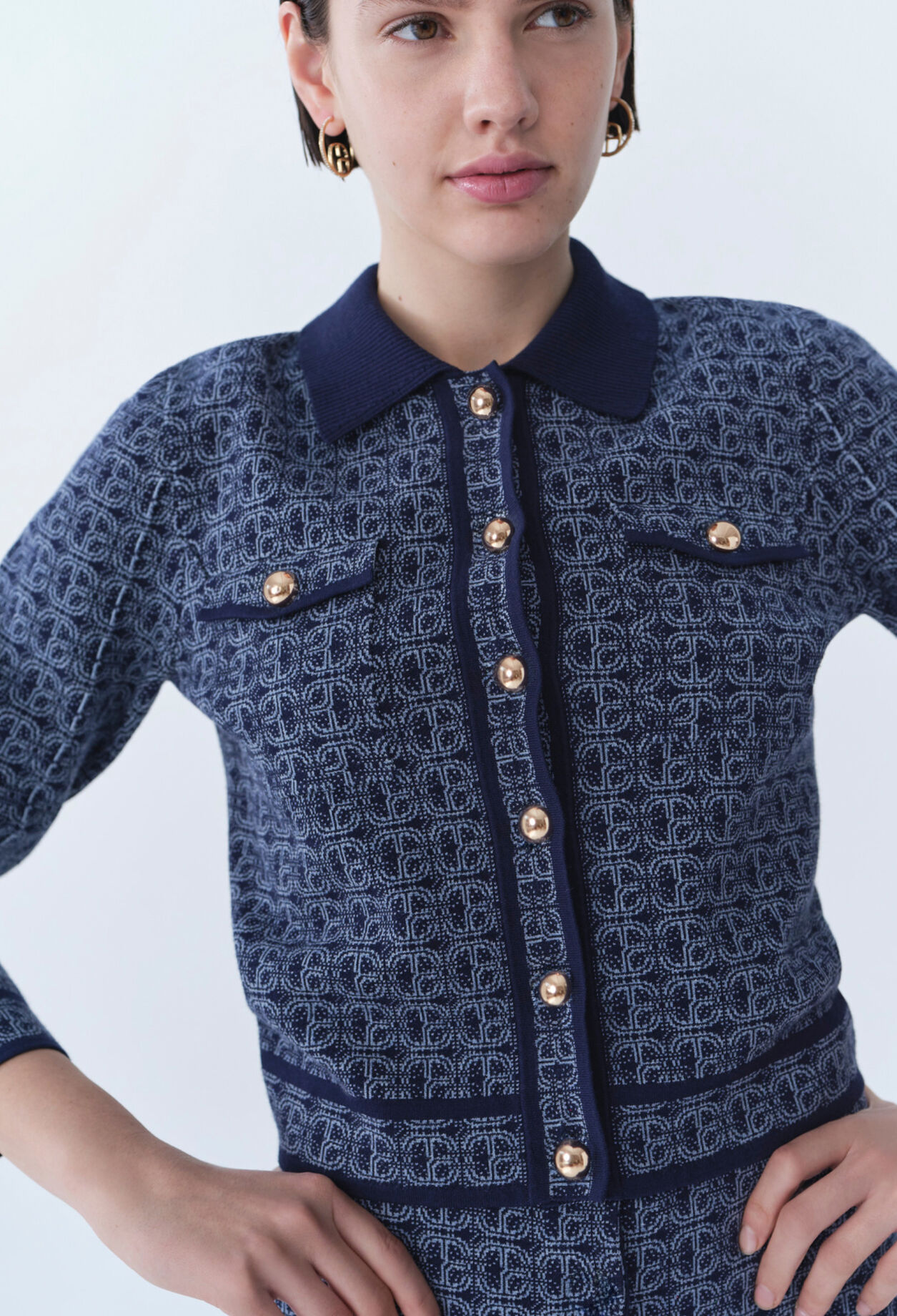 CP-Monogramm-Cardigan Hemdkragen