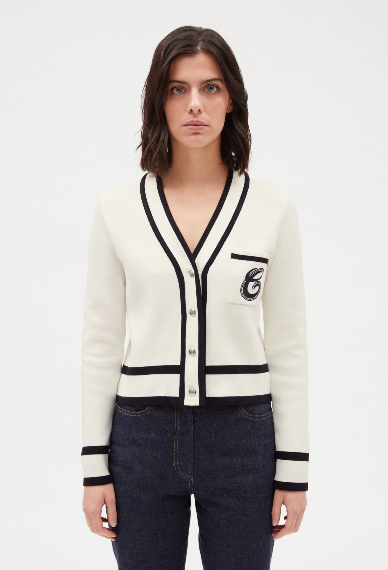Cardigan, bestickte Tasche, zweifarbig