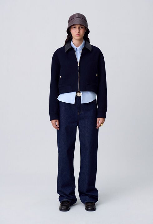Jacke aus Wolle Kunstlederkragen