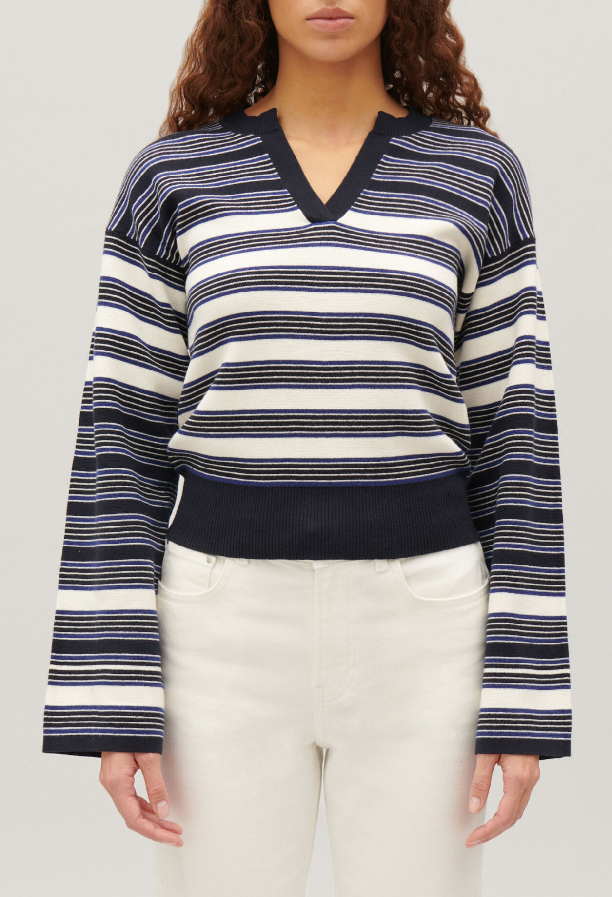 Pullover tunesischer Kragen Marine Ecru
