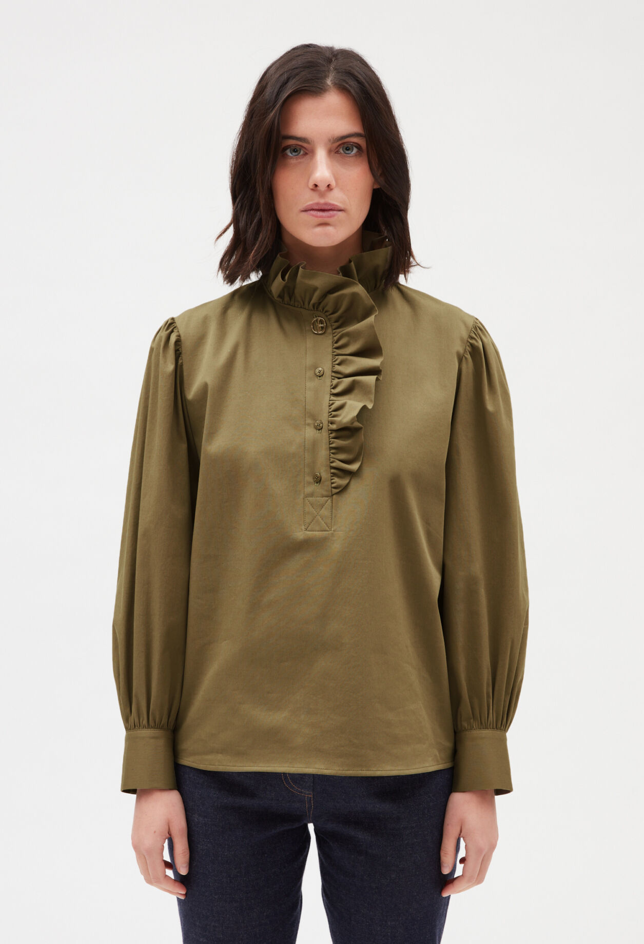 Bluse mit Volants, khakifarben