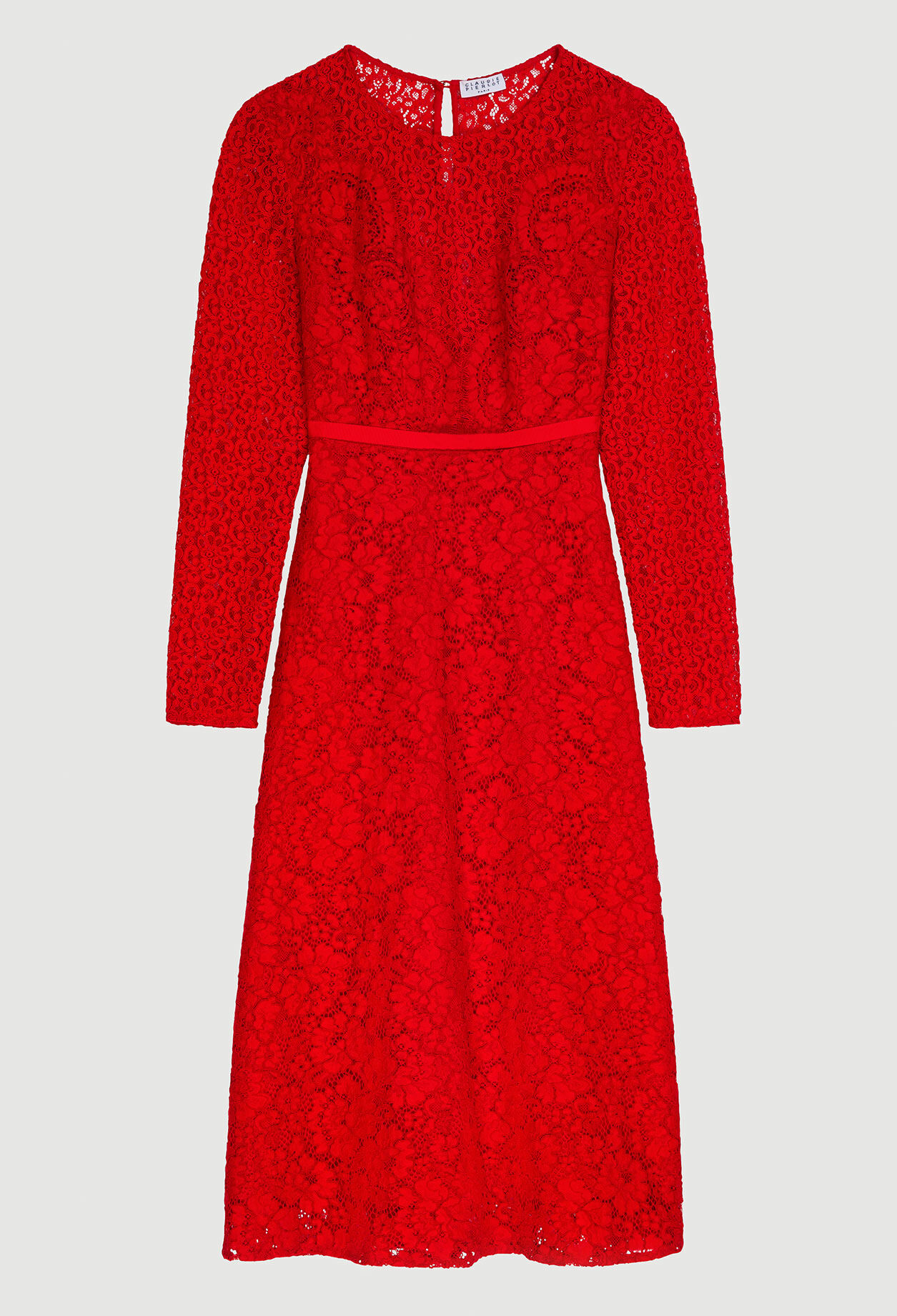Langes Kleid in roter Gipüre