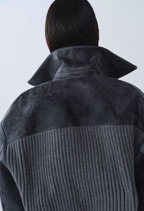 Zweifarbig graue Lederbomberjacke