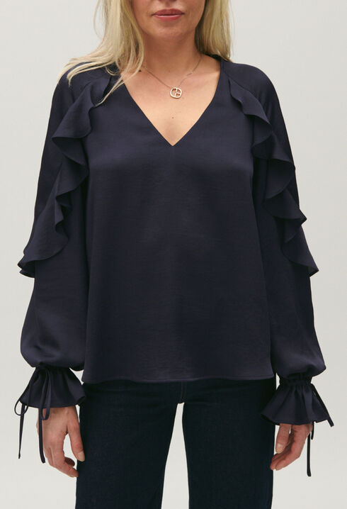 Marineblaue Bluse mit Rüschen