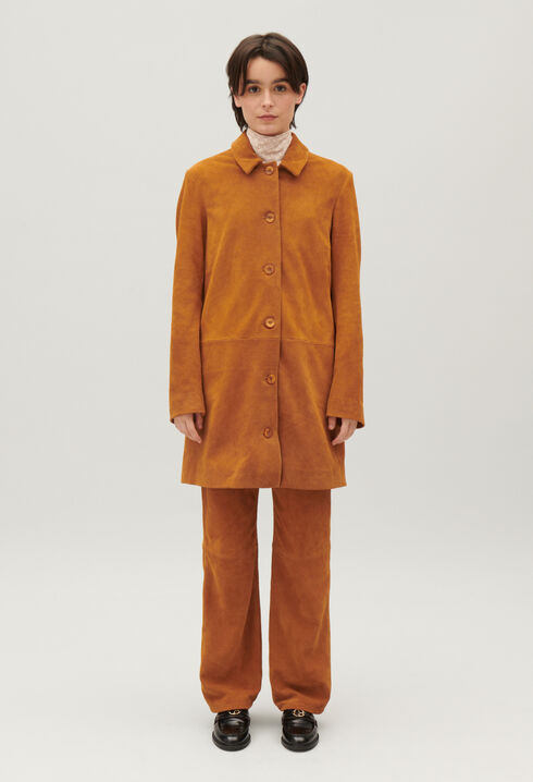 Gerader Mantel Suèdeleder Dunkelbeige