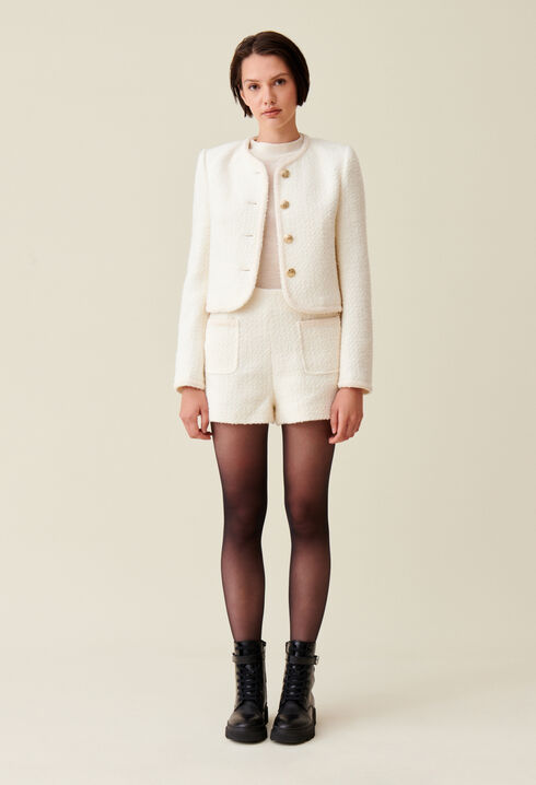 Kurze elfenbeinfarbene Jacke aus Tweed 