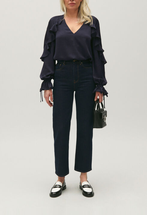 Marineblaue Bluse mit Rüschen