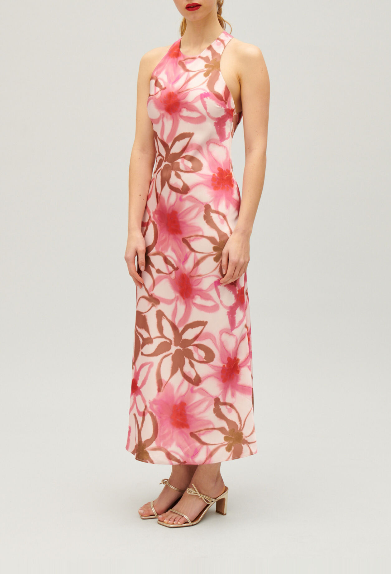 Langes, satiniertes Kleid mit Printmotiv