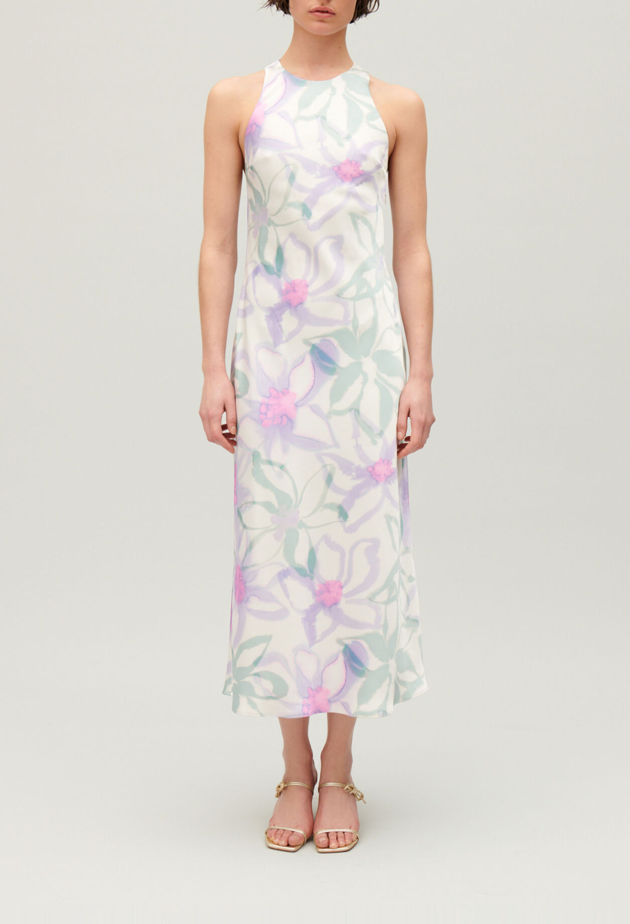 Langes, satiniertes Kleid mit Printmotiv