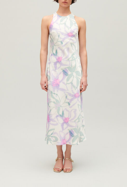 Langes, satiniertes Kleid mit Printmotiv