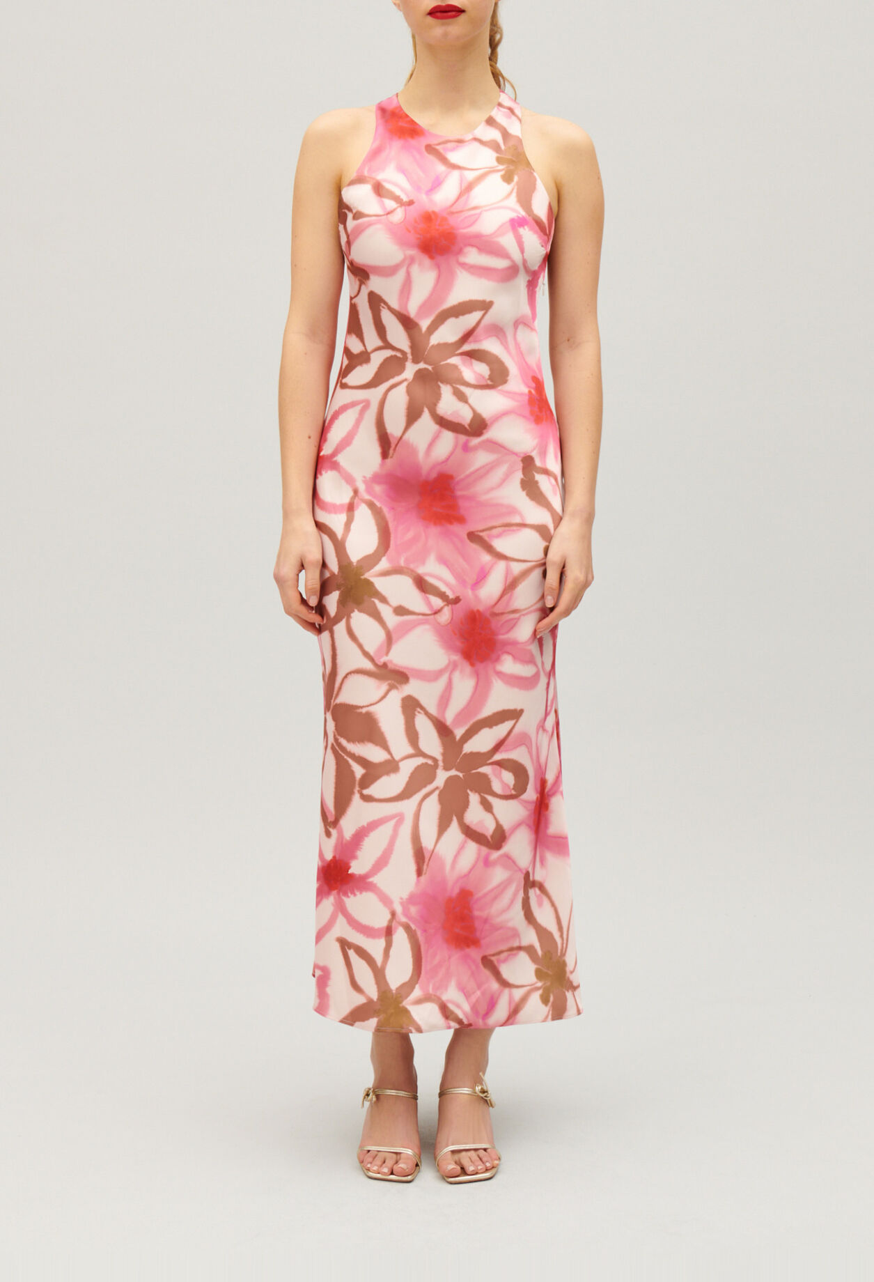 Langes, satiniertes Kleid mit Printmotiv