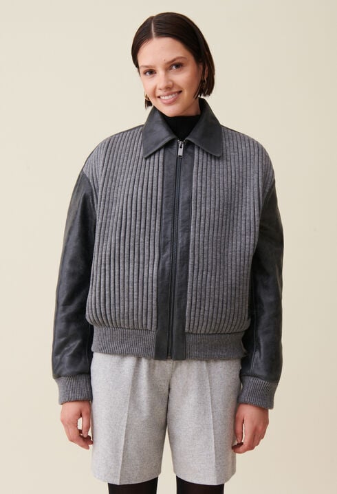 Zweifarbig graue Lederbomberjacke