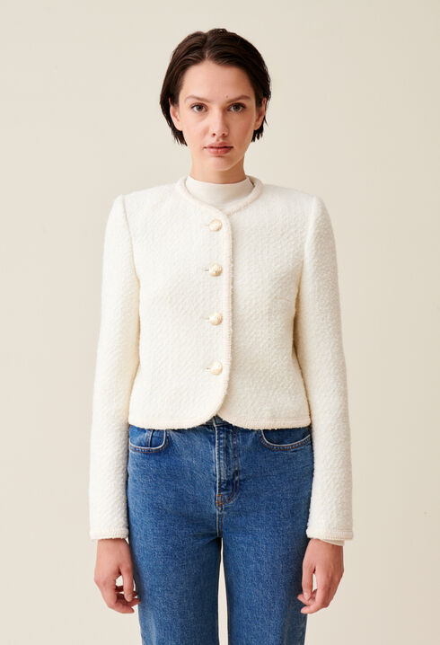 Kurze elfenbeinfarbene Jacke aus Tweed 
