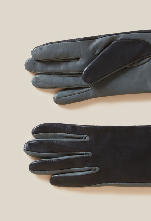 Lange zweifarbige Lederhandschuhe