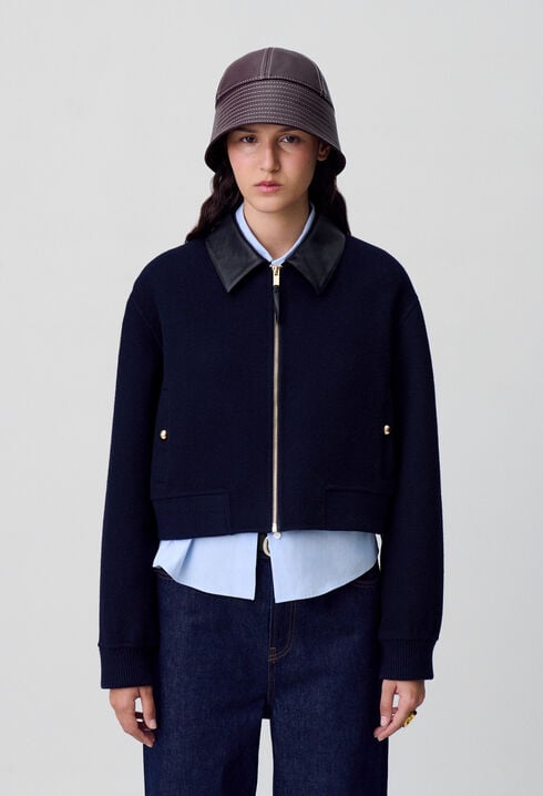 Jacke aus Wolle Kunstlederkragen