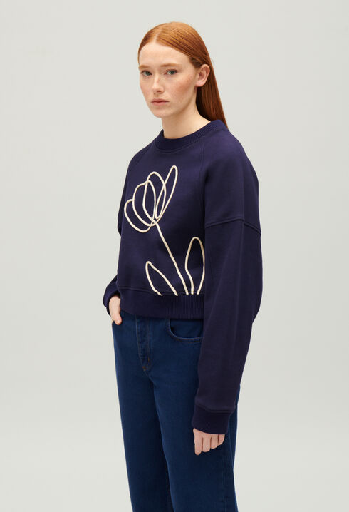 Sweatshirt florale Stickerei Marineblau