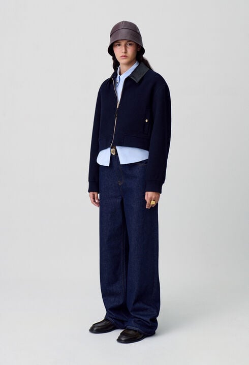 Jacke aus Wolle Kunstlederkragen