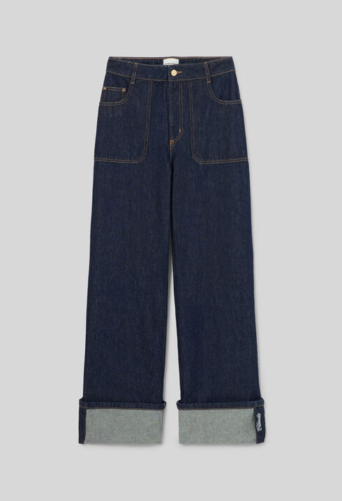 Weite Jeans, bestickter Umschlag