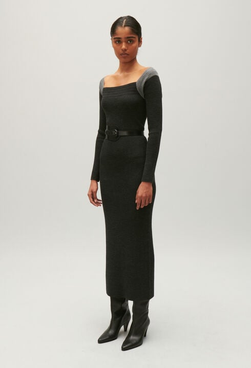 Langes Strickkleid, grau meliert