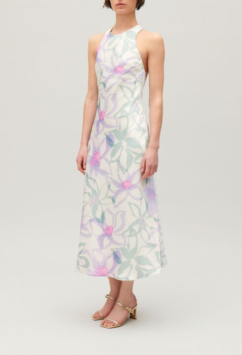 Langes, satiniertes Kleid mit Printmotiv