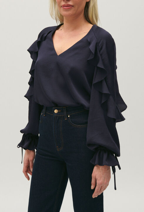 Marineblaue Bluse mit Rüschen