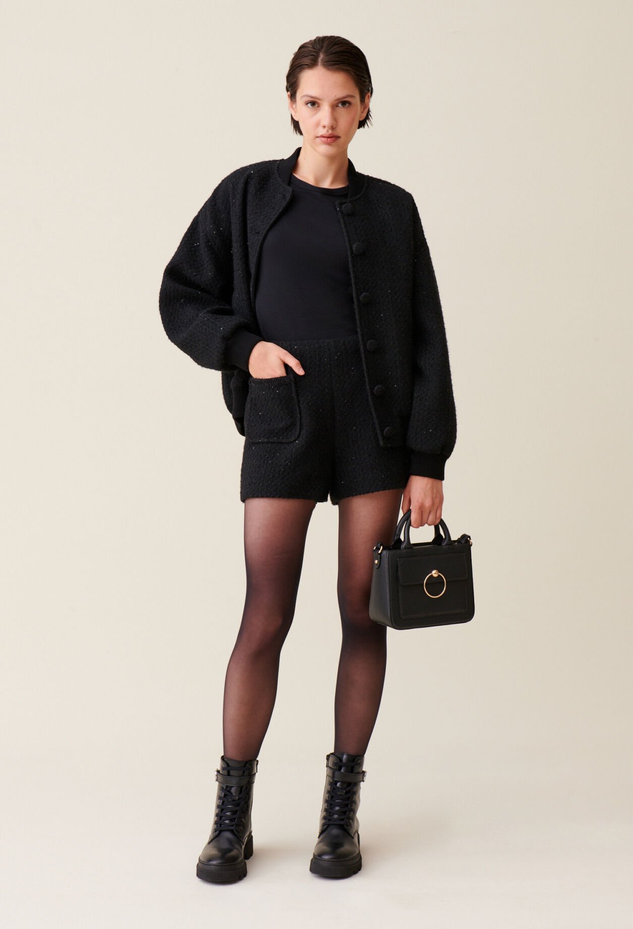 Kurze schwarze Tweed-Shorts