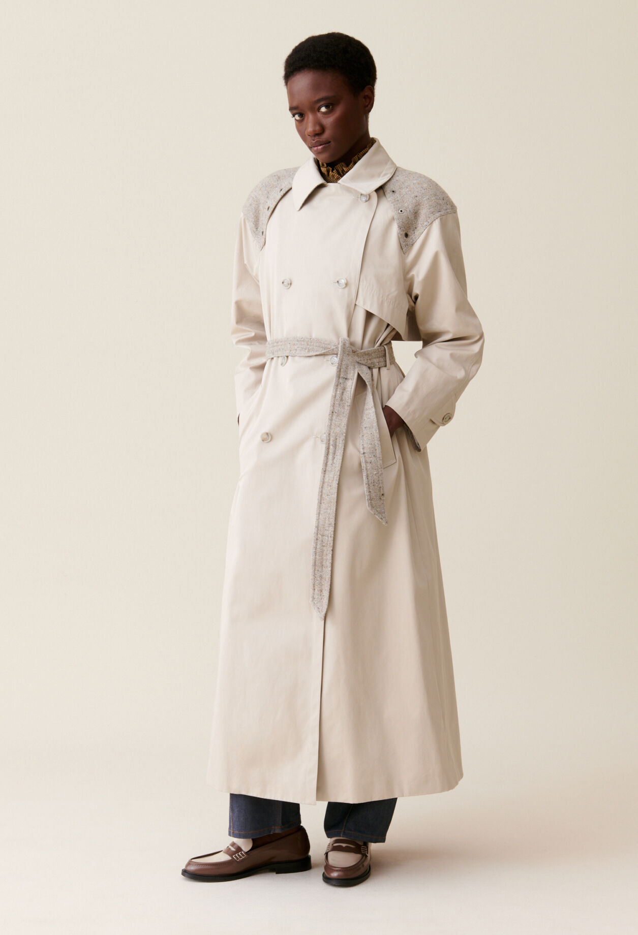 Langer Trenchcoat Mixed-Material