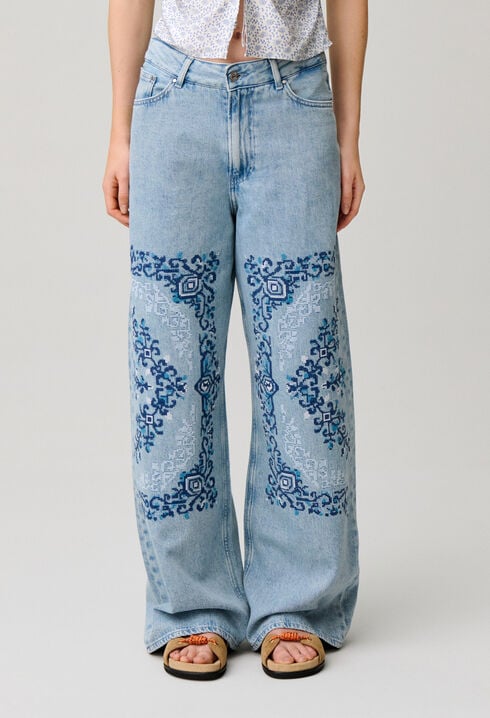 Bestickte Wide-Leg-Jeans