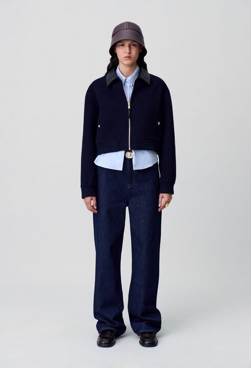 Jacke aus Wolle Kunstlederkragen
