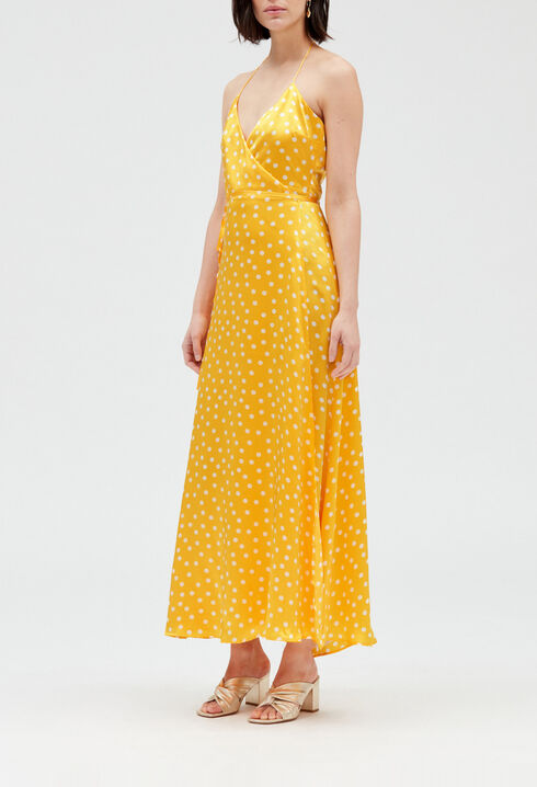 Langes Wickelkleid aus gelber Seide