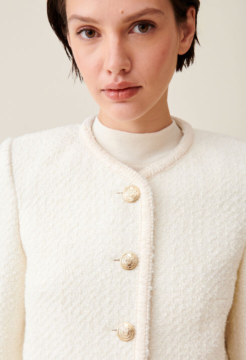 Kurze elfenbeinfarbene Jacke aus Tweed 