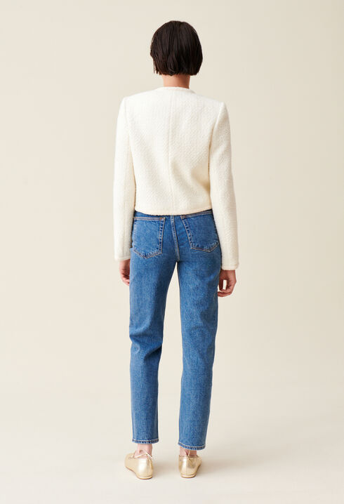 Kurze elfenbeinfarbene Jacke aus Tweed 