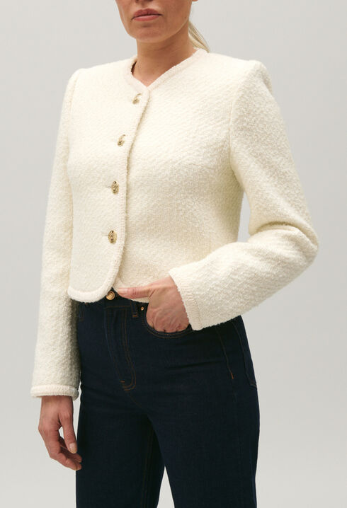 Kurze elfenbeinfarbene Jacke aus Tweed 