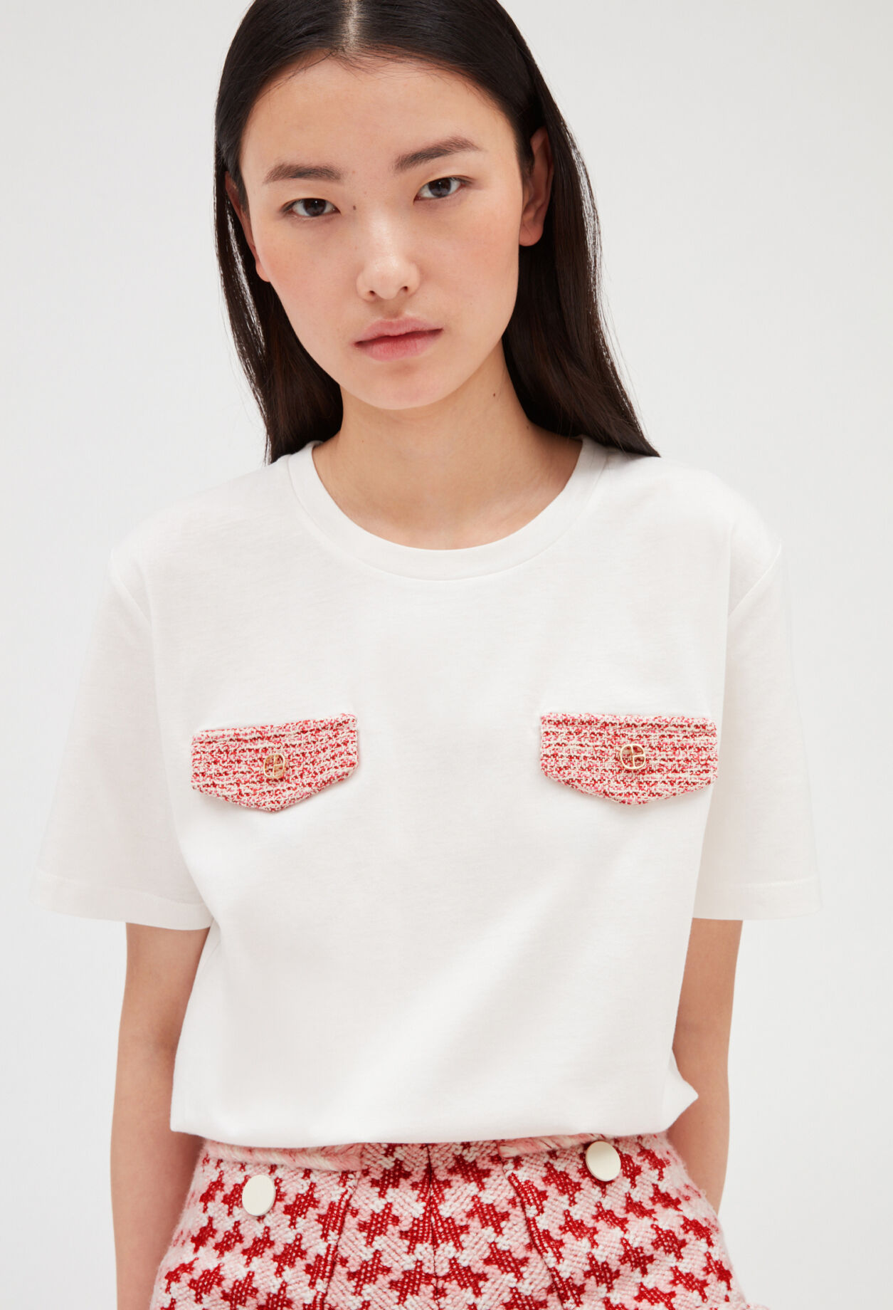 Ecru tweed-T-Shirt mit Taschen