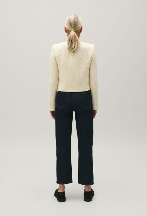 Kurze elfenbeinfarbene Jacke aus Tweed 