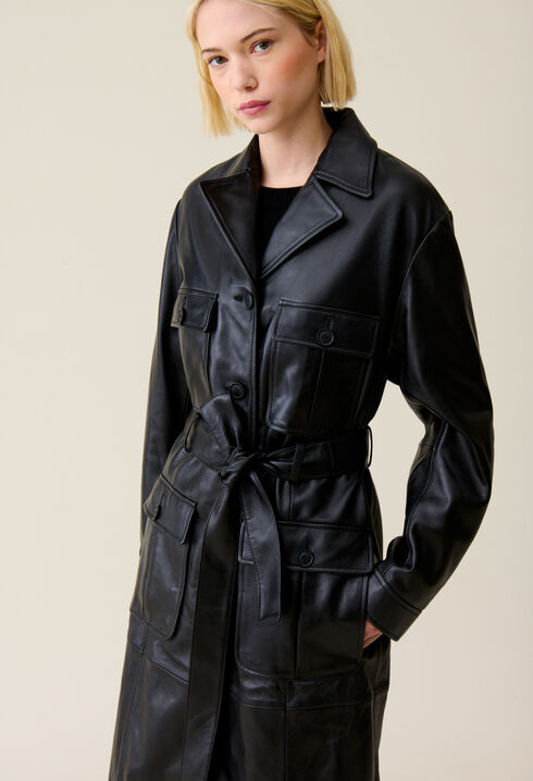 Leder-Trenchcoat mit Revers