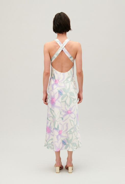 Langes, satiniertes Kleid mit Printmotiv