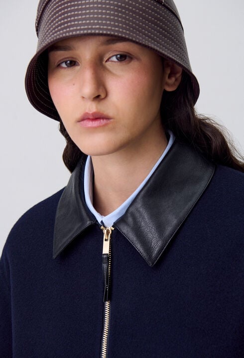Jacke aus Wolle Kunstlederkragen