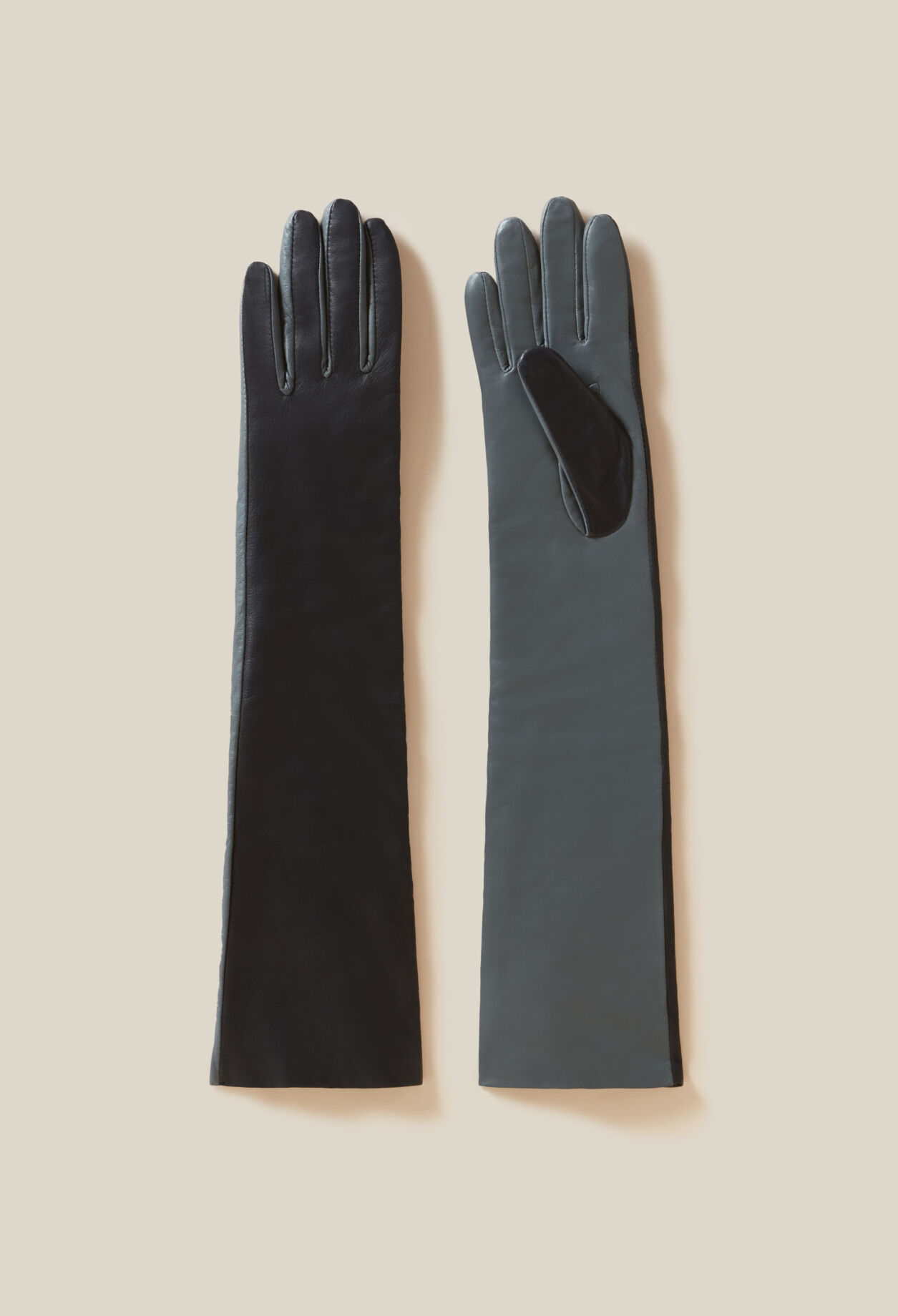 Lange zweifarbige Lederhandschuhe