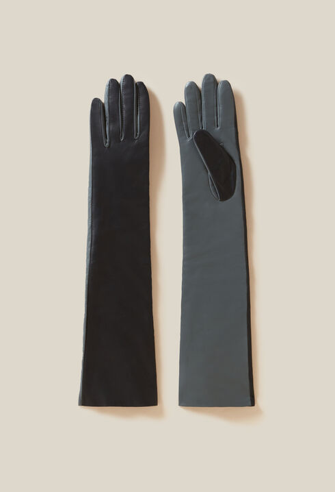 Lange zweifarbige Lederhandschuhe