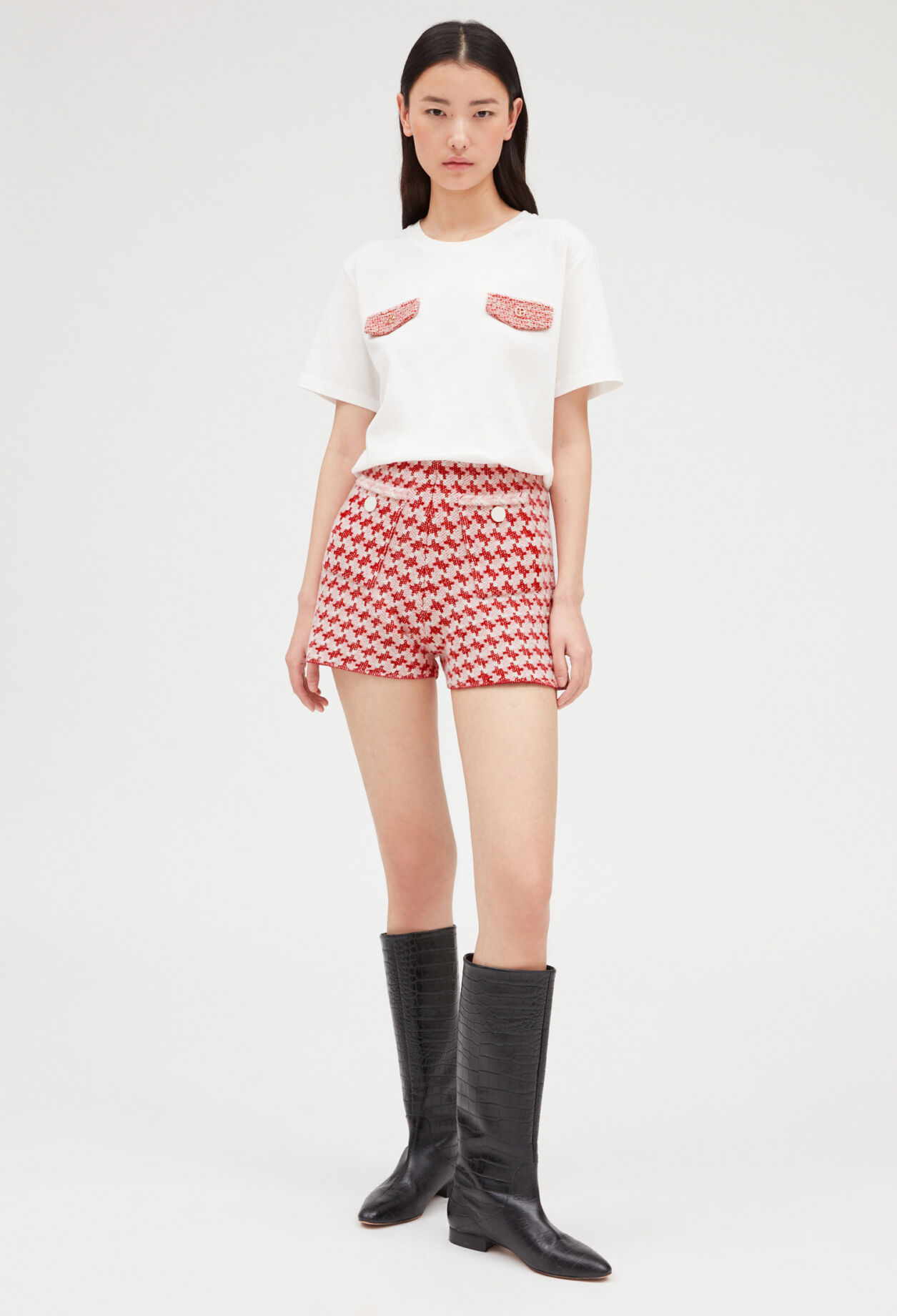 Ecru tweed-T-Shirt mit Taschen