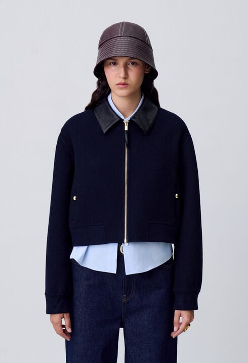 Jacke aus Wolle Kunstlederkragen