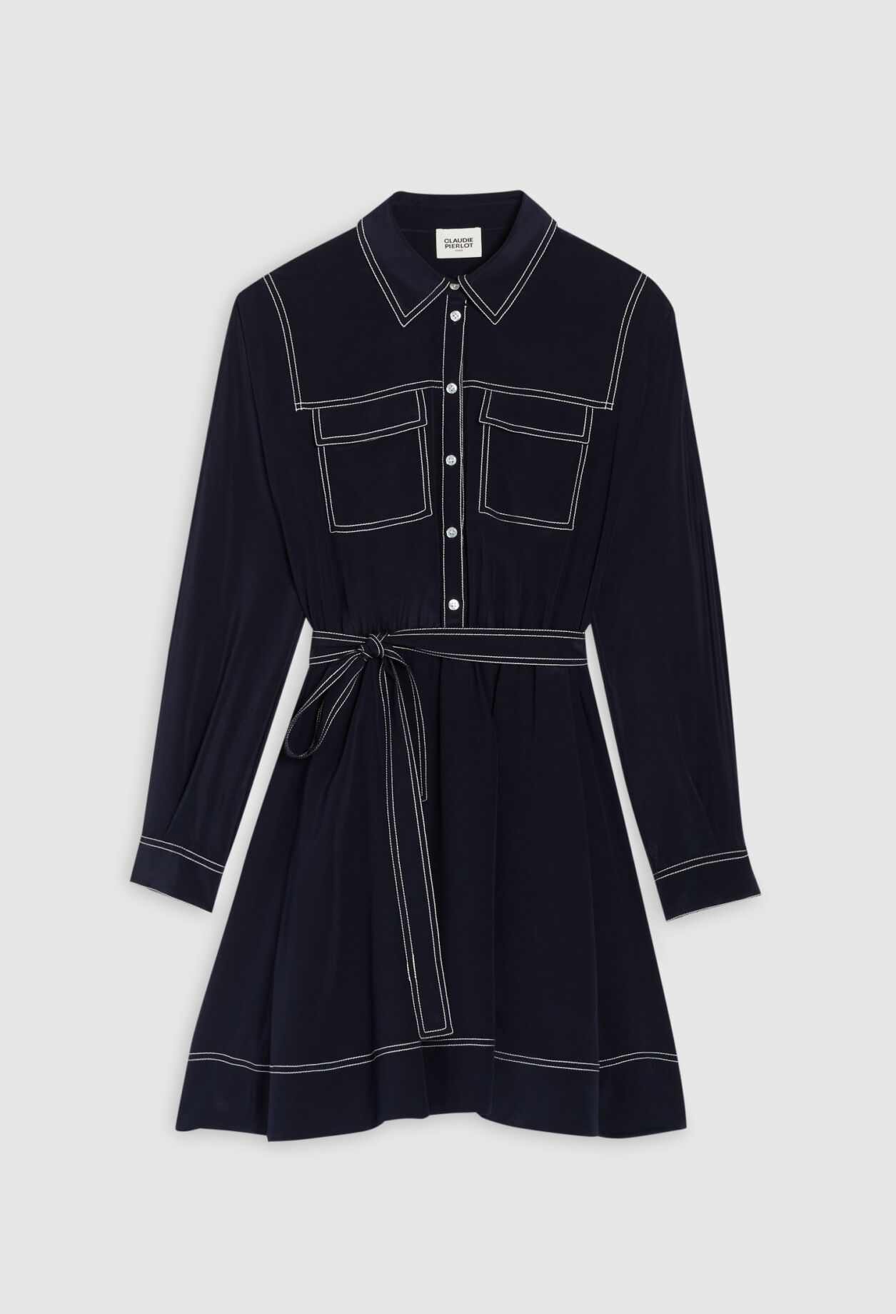 Kurzes Seidenkleid langen Ärmeln blau