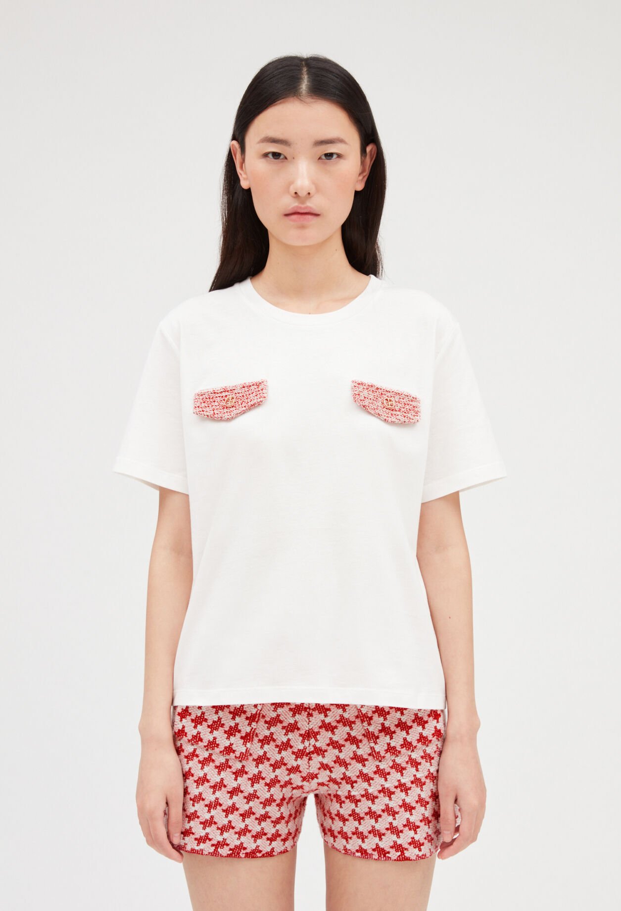 Ecru tweed-T-Shirt mit Taschen