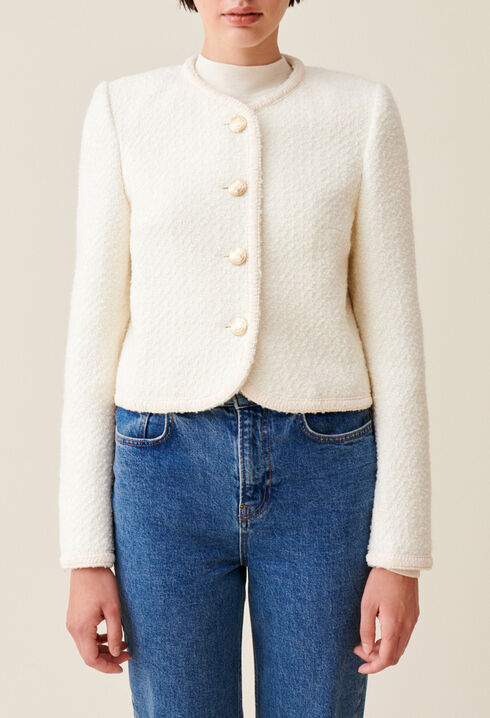 Kurze elfenbeinfarbene Jacke aus Tweed 