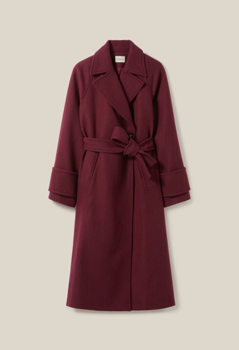 Langer bordeauxfarbener Trenchcoat