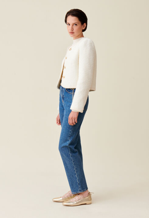 Kurze elfenbeinfarbene Jacke aus Tweed 